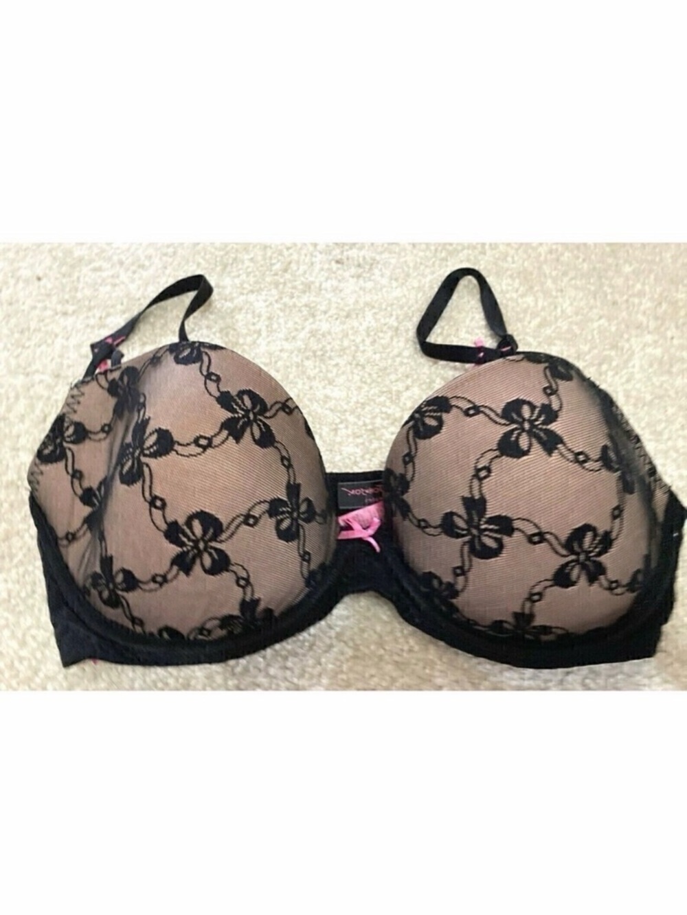 Betsey Johnson Black Bra Sz 32D Padded Demi Underwire Lace Pink Bow Trim 25802